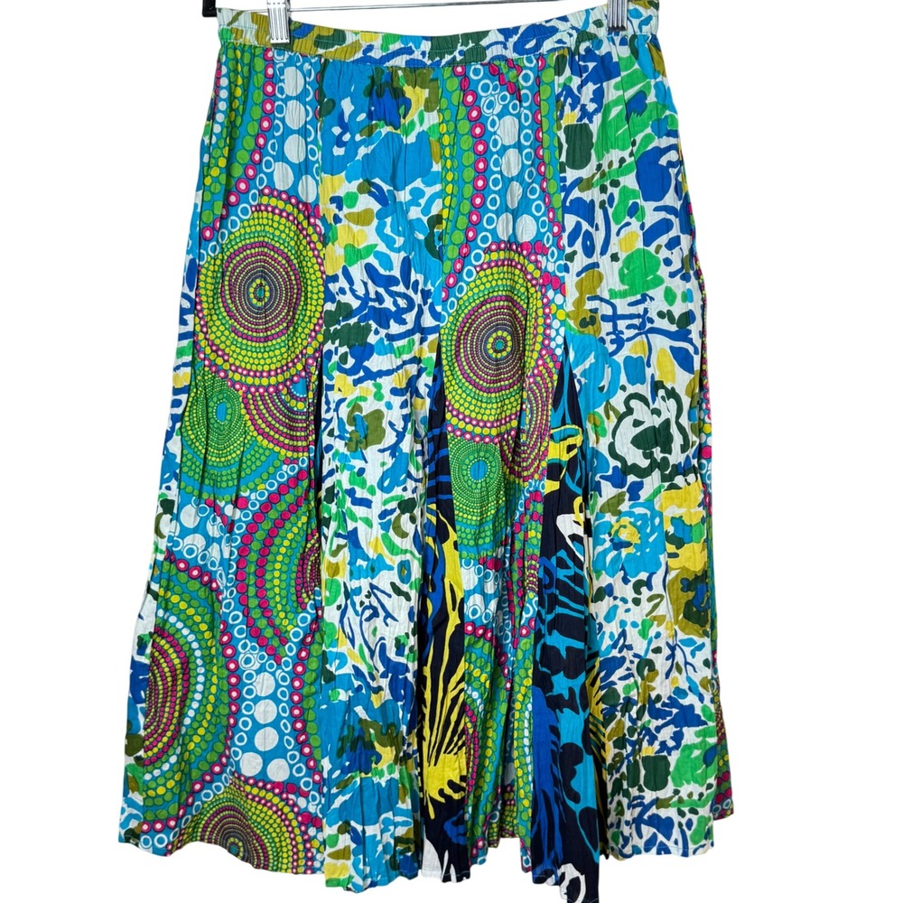 Notations Midi Skirt Womens M Blue Multi Color Cotton Patchwork Boho Geometric